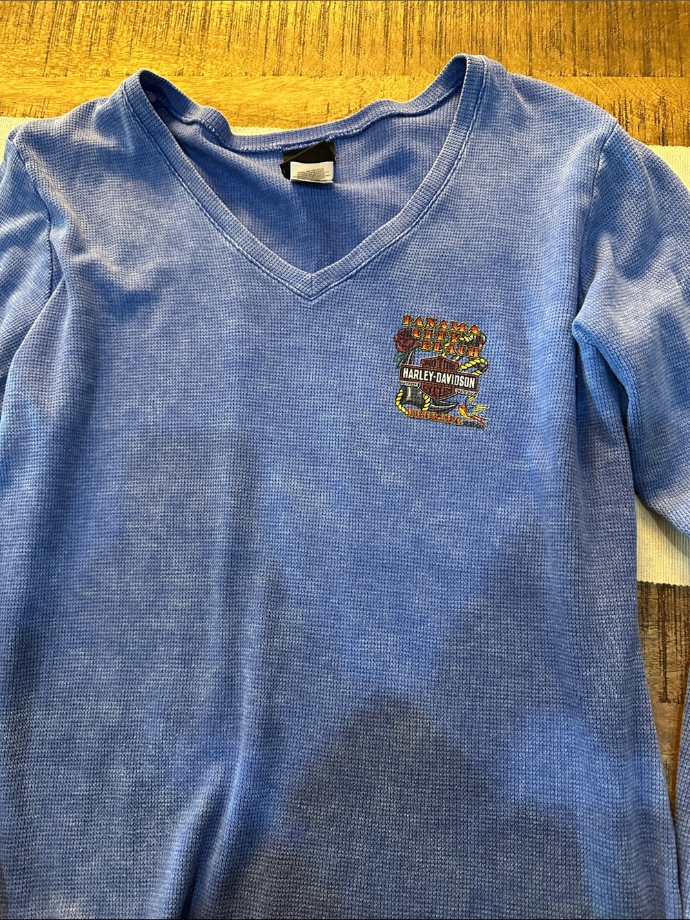Harley-Davidson Girls Light Blue V-Neck Thermal Top with Chest Logo